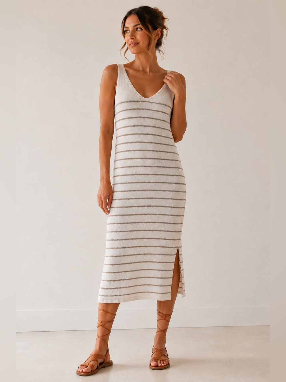 Beige and gold striped Midi Knit dress/swimsuit coverup. Made in Italy